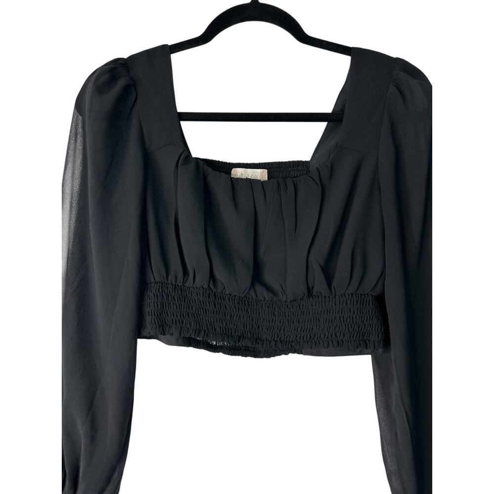 Altar'd State Top Small Black Crop Smocked Y2K Boho Sheer Long Sleeve Whimsigoth